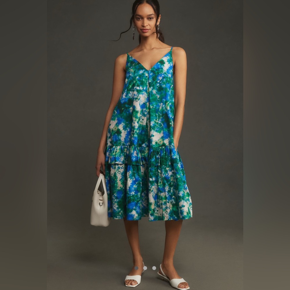 NWT Anthropologie Corey Lynn V Neck Midi Dress Blue Green Size Small Petite